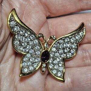 Plainville Stock Co. Gold Tone CZ And Purple Stone Butterfly Brooch 1999